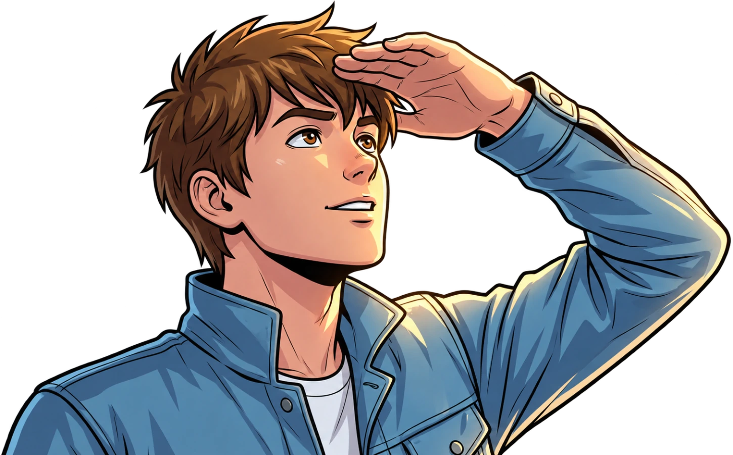 Kaz looking ahead, shading his eyes with one hand.